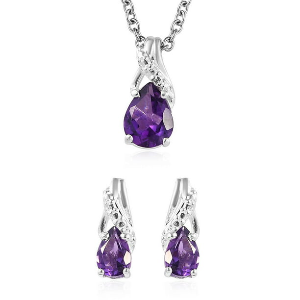 Pear Shape Purple Amethyst & White CZ Diamond 14k Black Gold Plated 925 Sterling Silver Teardrop Jewelry Set Earrings Pendant Necklace 